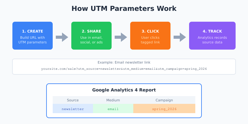 Flowchart showing how UTM parameters travel from click to analytics report