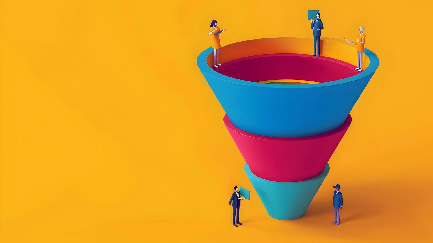 Conversion funnel stages illustrated with 3D figures