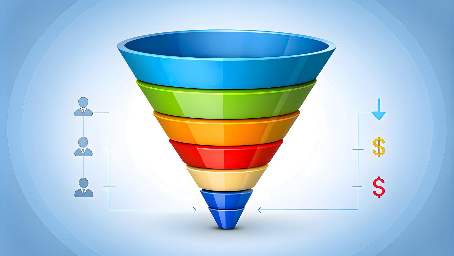 Colorful sales funnel showing different stages with dollar signs