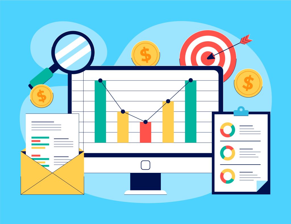 Marketing ROI visualization with target, monitor and coins